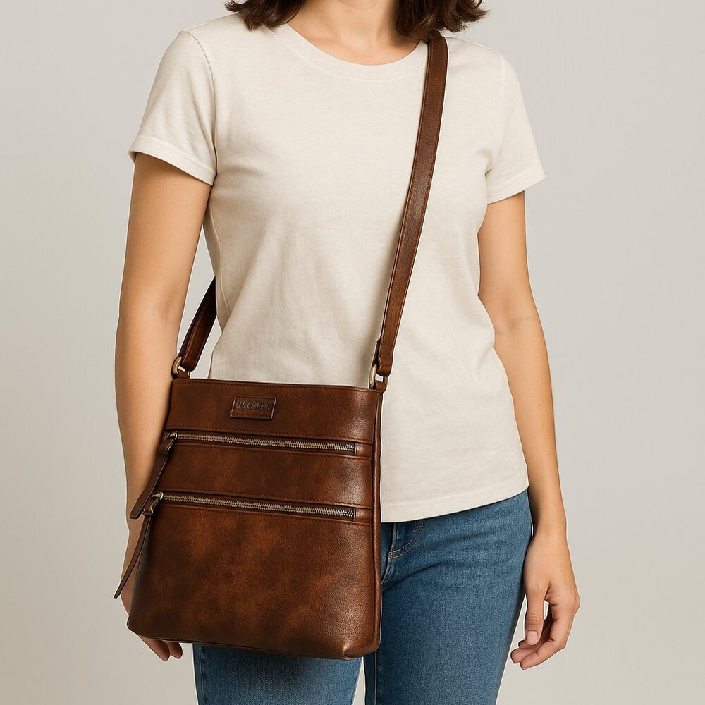 Soft Leather Medium Shoulder Bag – Zipper Pockets, Adjustable Strap